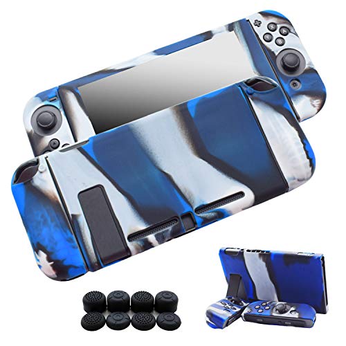 Hikfly Gel de Silicona Agarre Antideslizante Kits de Protección Carcasas Cubrir Piel para Nintendo Switch Consolas y Joy-Con Controlador Con 8pcs Gel de Silicona Empuñaduras Gorras (Azul Camuflaje)