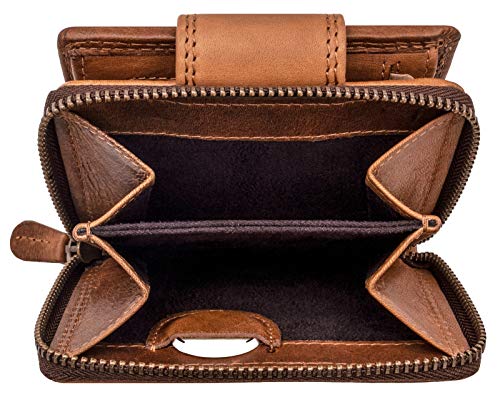 Hill Burry Cartera de Cuero para Mujer | Billetera - Monedero de Cuero Genuino con Aspecto Vintage | Mujeres - Hombre | Compacto - Pequeño - Minimalista (marrón)