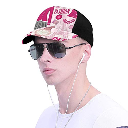 Hip Hop Sun Hat Baseball Cap,Fashion Theme In Paris with Outfits Dress Watch Purse Perfume Parisienne Landmark,For Men&Women