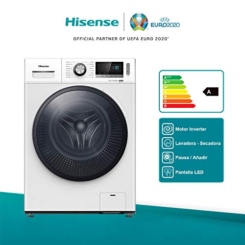 Hisense WDBL1014V - Lavadora Secodora, Carga Frontal 10 Kg Lavado, 7 Kg de Secado, 1400 RPM, Motor Eficiente Inverter, 16 Programas, Puerta Extra Grande, Color Blanco,Gran Display LED,Lavado rápido,