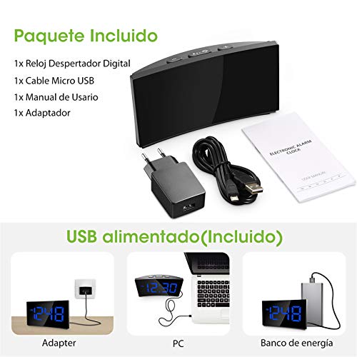 Holife Despertadores Digitales, Reloj Despertador Digital, Pantalla Curva LED de 5'', 6 Niveles de Brillos Ajustables, 3 Sonidos de Alarma, 2 Volúmenes, Puerto USB,Snooze,12/24H(incluido el Adaptador)