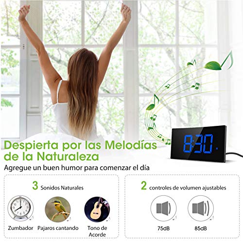 Holife Despertadores Digitales, Reloj Despertador Digital, Pantalla Curva LED de 5'', 6 Niveles de Brillos Ajustables, 3 Sonidos de Alarma, 2 Volúmenes, Puerto USB,Snooze,12/24H(incluido el Adaptador)