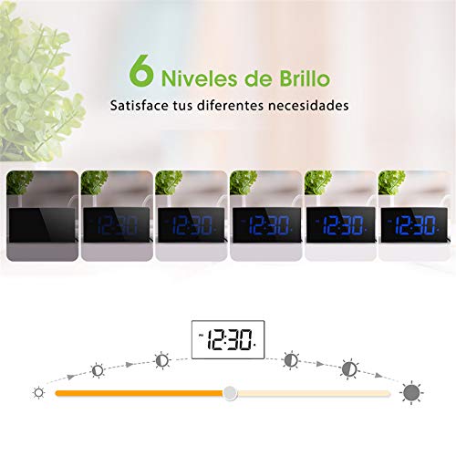 Holife Despertadores Digitales, Reloj Despertador Digital, Pantalla Curva LED de 5'', 6 Niveles de Brillos Ajustables, 3 Sonidos de Alarma, 2 Volúmenes, Puerto USB,Snooze,12/24H(incluido el Adaptador)