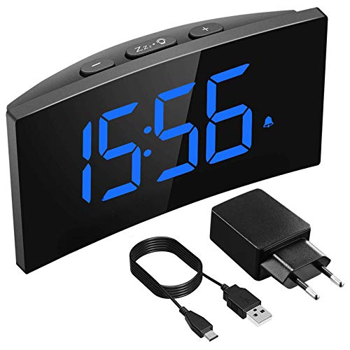 Holife Despertadores Digitales, Reloj Despertador Digital, Pantalla Curva LED de 5'', 6 Niveles de Brillos Ajustables, 3 Sonidos de Alarma, 2 Volúmenes, Puerto USB,Snooze,12/24H(incluido el Adaptador)