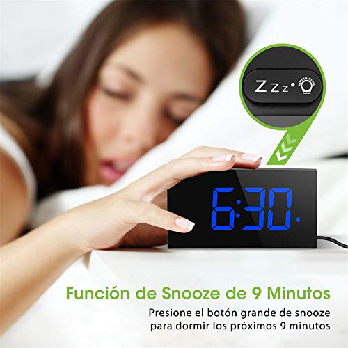 Holife Despertadores Digitales, Reloj Despertador Digital, Pantalla Curva LED de 5'', 6 Niveles de Brillos Ajustables, 3 Sonidos de Alarma, 2 Volúmenes, Puerto USB,Snooze,12/24H(incluido el Adaptador)