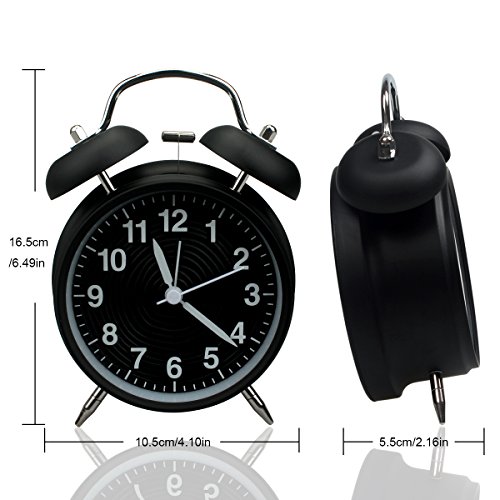 homchen Reloj Despertador de Campana Doble de 10,16 cm, sin tictac, Funciona con Pilas, Tradicional, con luz Nocturna, para dormitorios (Negro)