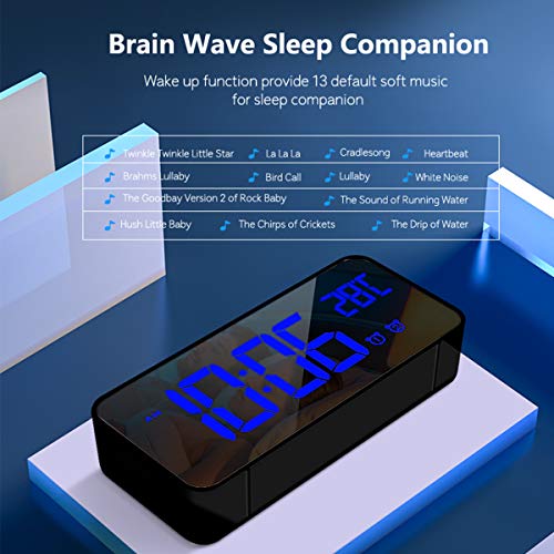 HOMVILLA Reloj Despertador Digital con Pantalla LED de Temperatura, Alarma de Espejo Portátil con Alarma Doble Tiempo de Repetición 4 Niveles de Brillo Regulable Dimmer 13 Música Puerto de Carga