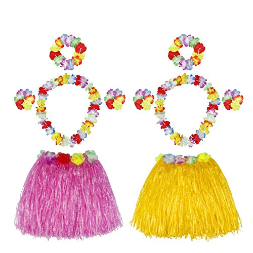 HONGXIN-SHOP Falda de Hierba Hawaiana con Elástica Flores Disfraces Guirnalda Diadema Pulsera Collar para Niñas Mujer Fiesta Hula Luau Accesorio 4 Sets