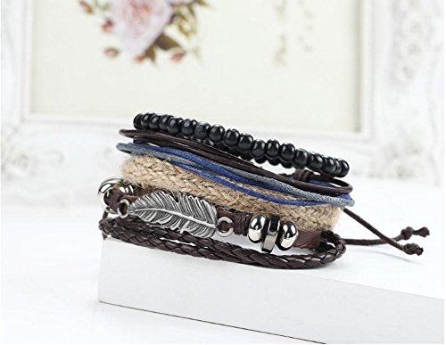 Hosaire Retro Cuero Pulsera De Plumas Brazalete El Tono De Plata Negro Marrón Ajustable Hombre,Mujer