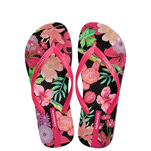 Hotmarzz Mujer Chanclas Flores Frutas Patrón de Colores Zapatillas Sandalias de Playa tamaño 38 EU, Flor, Negro