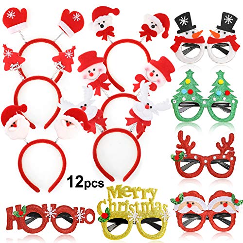 HOWAF 12 Piezas Diadema navideña y Marco de Gafas de Navidad Navidad Banda de Pelo Fiesta Decoración Accesorios Photobooth Disfraz para Niños y Adultos Fiesta de Navidad