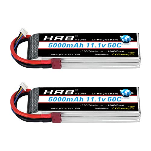 HRB 2 Paquetes 11.1V 5000mAh 3S 50C Lipo RC Batería con Deans T Conector para Traxxas RC Cars Slash vxl Slash 4x4 vxl E-maxx Brushless Axial e-revo Brushless y Spartan Models