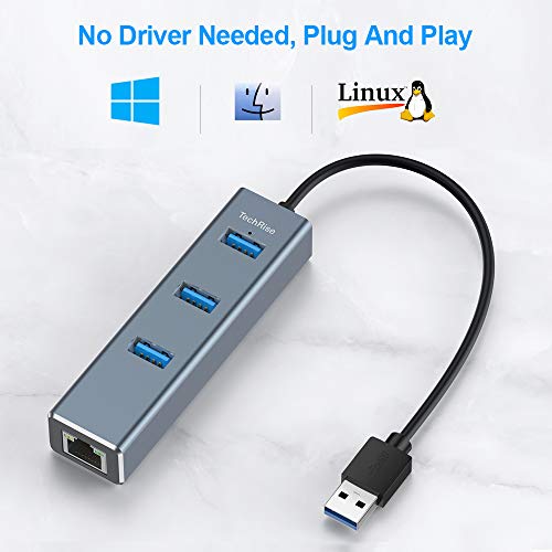 Hub USB 3.0, TechRise Hub Usb 3.0 alimentacion externa de 3 puertos con adaptador Gigabit Ethernet RJ45 Convertidor de red con cable LAN Compatible para portátiles, tabletas y más dispositivos USB