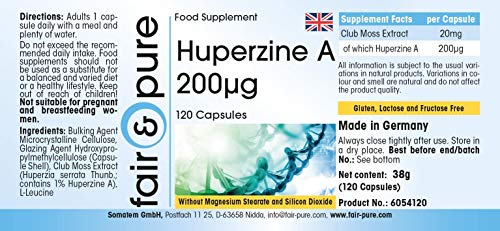 Huperzina A 200µg - Procedente de Licopodio (Huperzia Serrata) - Vegana - Alta pureza - 120 Cápsulas