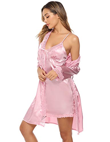 iClosam Batas y Kimonos Mujer Satén Encaje 2 Piezas,Camisón Satén Sexy Elegante Pijama Cortos para Mujer Novia Dama de Honor (S, Estilo 1 : Rosa)