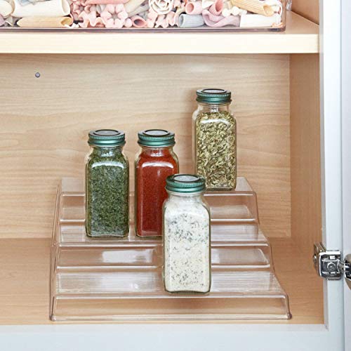 iDesign Organizador de cocina para especias, organizador de armarios pequeño de plástico con 3 niveles, práctico soporte especiero para especias y latas, transparente