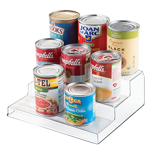 iDesign Organizador de cocina para especias, organizador de armarios pequeño de plástico con 3 niveles, práctico soporte especiero para especias y latas, transparente