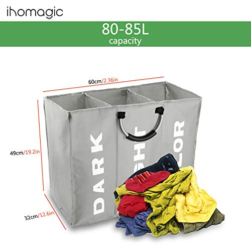 IHOMAGIC Bolsas para la Colada Cesto para Ropa Sucia Plegable Bolsa Colada para Baño con 3 Compartimiento Organizador Lavandería para Cocina Dormitorio Hotel Viaje Gran Capacidad 80L Gris