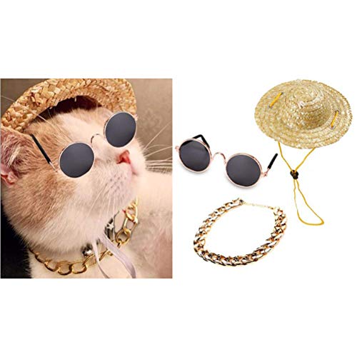 IOUH - Juego de 3 gafas de sol redondas y elegante collar de cadena dorada de plástico con diseño de gato, accesorios de moda para perro o cachorro