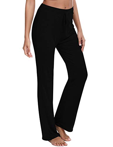 Irevial Pantalones de Yoga para Mujer Modal,100% Algodon,Alta Cintura Elásticos pantalón de Campana con cordón, Casuales Chandal Deportivo Verano,para Pilates Jogger Fitness，Negro