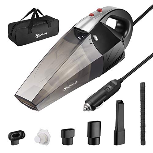 isYoung Aspirador de Coche 12V 6000PA Aspiradora de Mano Portátil Aspirador Potente con Bolsa Uso Seco y Húmedo Fácil y Ligera 120W 600ml Depósito con 2 Filtros Lavables Cepillo y 4.5M Cable