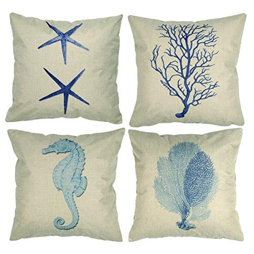 Itian Fundas de Almohada Solamente - Conjunto Funda Cojin Almohada Mar Azul Lino Duradero Decoración para Sofá Cama Coche 45x45cm (4pcs)