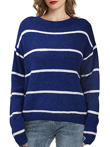 Jersey Mujer Punto Camiseta Manga Larga Sueter Invierno Jersey Rayas Basico Suelto Jerseys Camisa Tops Pull-Over Suéter Mujer Primavera Otoño Azul