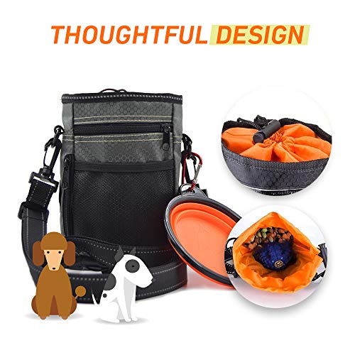 JINYJIA Bolsas de Golosinas para Perros, Bolsa Premios Perro Resistente al Agua con Tazón Plegable y Cinturón Ajustable, con Dispensador de Bolsa Caca Incorporada, Gris Oscuro