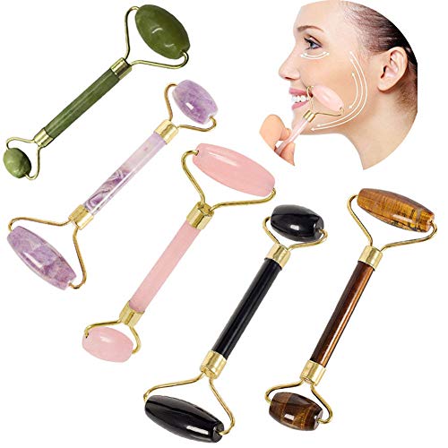 Jiyoujianzhu - Rodillo de masaje facial portátil antienvejecimiento con doble cabezal de piedra masajeador facial para adelgazar la cara, masajear la cara, cuello, rodillo de belleza