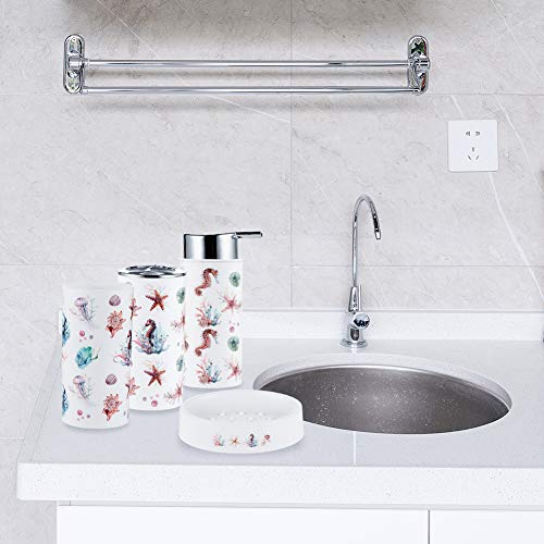 JOTOM Juego de Accesorios de Baño 6 Piezas, Cubo de Basura, Jabonera, Dispensador de jabón, Vaso, Vaso para Cepillo de Dientes y escobilla (Caballo de Mar)