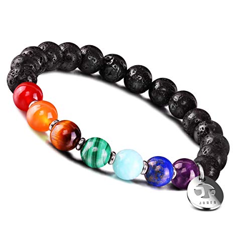 JOXFA Genuino Natural 7 Chakra Piedra Preciosa Hombres Mujeres 8mm Lava Rock Aromaterapia Aceite Esencial Difusor Pulsera Elástico Piedra Natural Cuentas de Yoga Pulsera Brazalete (Lava Chakra A)