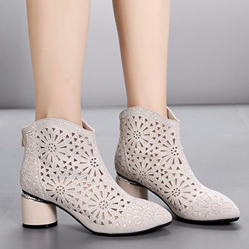 JRFBA-Zapatos de mujer En la Primavera y el otoño, la Mujer está Ahuecado Botas, Botas, aspero y Corto Botas, Cabezas Puntiagudas y Gasa Zapatos de Mujer,Cuarenta,Arroz Blanco