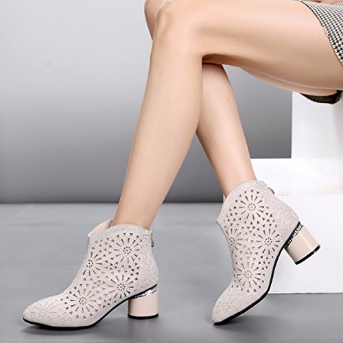 JRFBA-Zapatos de mujer En la Primavera y el otoño, la Mujer está Ahuecado Botas, Botas, aspero y Corto Botas, Cabezas Puntiagudas y Gasa Zapatos de Mujer,Cuarenta,Arroz Blanco