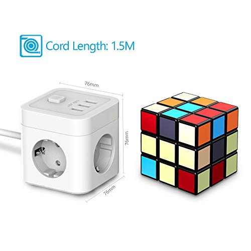 JSVER Cube Enchufe USB con 3 Puertos de USB y 3 Tomas Regleta Proteccion Sobretension Enchufe Alargador Multiple Carga para Samsung iPad iPhone Tablets - Cable 1.5 m Blanco