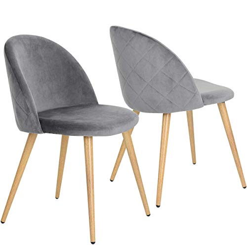 Juego de 2 sillas de Comedor de Terciopelo Gris para Oficina ergonómicas, Patas de Metal con Acabado en Madera