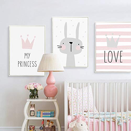 Juego de 3 Cuadros Infantiles Niña Pósteres Láminas Conejo My PRINCESS LOVE Impresiones sobre Lienzo Decoración Habitación Bebé pared Regalo Sin Marco NPTWC004-S