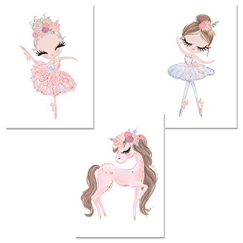 Juego de 3 Láminas Niñas Cuadros 30x40 Decoracion Infantiles Bebe Rosa Unicornio Lienzo Pósteres Pared Decoración Habitación Dormitorio Nordico Regalo DIN A3 Sin Marco BDR