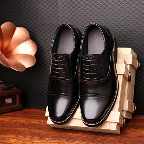 JUFENGYAO Clásico Oxford Hombres de Vestir Courtly Atan for Arriba Zapatos de Cuero Real del Dedo del pie Suela de Goma Redonda 6cm Invisible Taller Antideslizante Suela de Goma