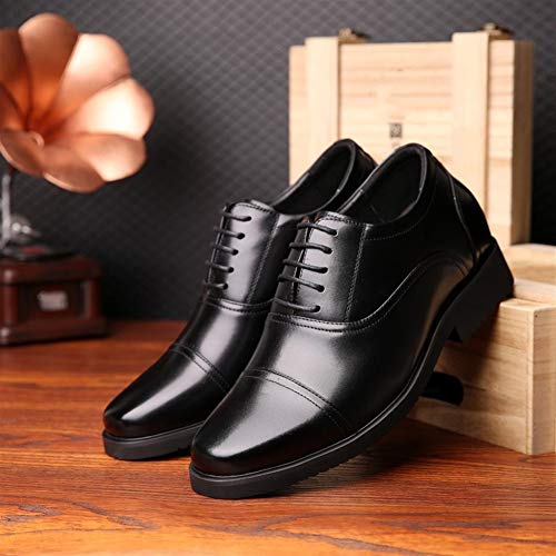 JUFENGYAO Clásico Oxford Hombres de Vestir Courtly Atan for Arriba Zapatos de Cuero Real del Dedo del pie Suela de Goma Redonda 6cm Invisible Taller Antideslizante Suela de Goma