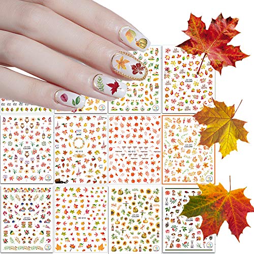 Kalolary 12 hojas Caída del otoño Pequeñas Pegatinas Uñas 3D Nail Art Stickers Pegatina uñas Calcomanías autoadherentes Nail Art Decoración DIY Etiqueta