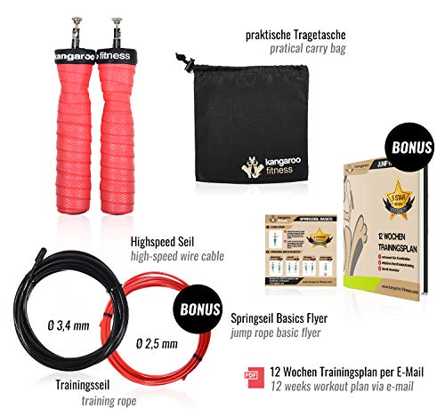 Kangaroo Fitness Cuerda para Saltar de Alta Velocidad | Gimnasio, Boxeo, Crossfit, Perdida de Peso y Ejercicios en Casa | para niños, Mujer y Hombre Adultos | Cuerda, Bolsa y Rutina de Entrenamiento