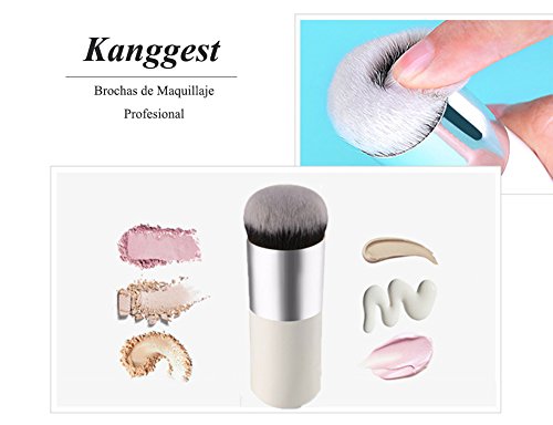 Kanggest Brochas De Maquillaje Profesional Portátil Cepillo Facial de Cabeza Redonda para Liquido Tradicionales y Fluidas Maquillaje Bases/Aplicación y Fundición de Bases de Maquillaje (Plata Blanco)