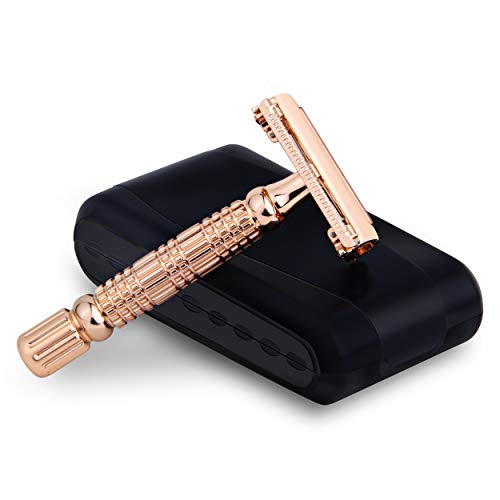 Kanzy Maquinilla de Afeitar de Doble filo Clásica Butterfly para Hombre y Mujer Set de Afeitado con Espejo Integrado Adecuado para Todos Cuchilla de Afeitar Clasica - Rosegold