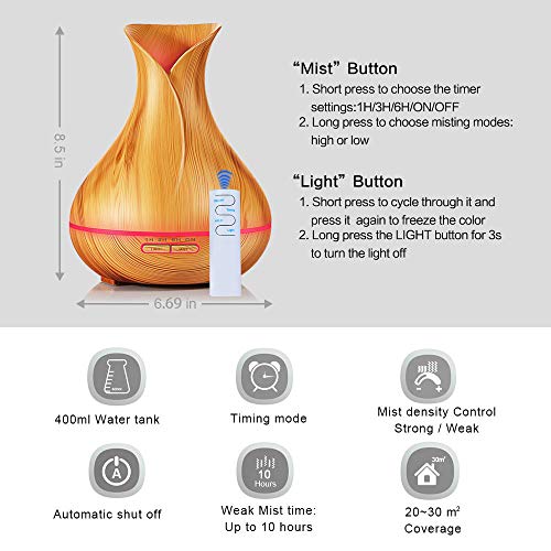 KBAYBO Difusor de Aceites Esenciales de Vapor Frío 400ml Humidificador Ultrasónico Aromaterapia 4 Ajustes de Tiempo y 7-Color LED Perfecto para Hogar, Oficina, Bebé, Dormitorio y Baño etc