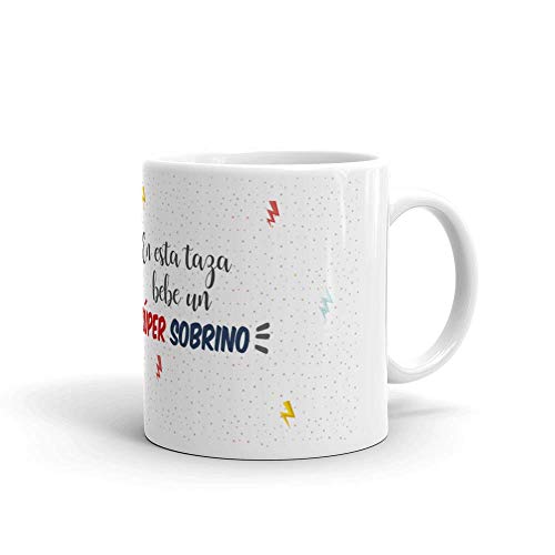 Kembilove Taza de Café para Sobrino – Aquí Bebe un Super Sobrino – Taza de Desayuno para Familia – Regalo Original para Familiares, Navidad, Aniversarios – Taza de Cerámica de 350 ml