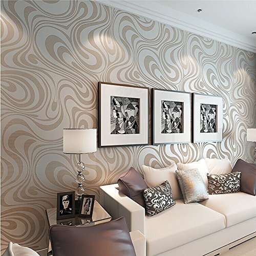 KeTian Modern Luxury 3D Curva de papel tapiz abstracto No tejido Flocado para sala de estar/Papel pintado para dormitorio Rollo 2.29 'W x 27.56' L =63.11 pies cuadrados (Crema y plata y gris)