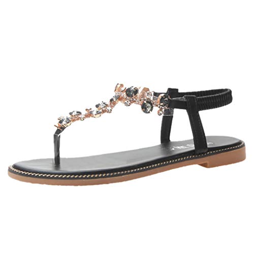 KEXIAODE - Sandalias planas para mujer, estilo bohemio con brillantes, de piel sintética, cómodas, para la playa, vacaciones, Negro (Negro ), 38 EU