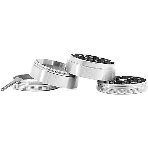 KF Grinder en trituradora de cocina de 4 piezas de metal para triturar y triturar hierbas, especias, tabaco, plantas, hojas de té, etc. - con filtro de polen y raspador Plata