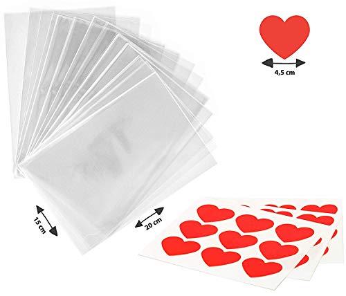 kgpack 100x Bolsas de plástico de celofán Transparente con Pegatinas Corazón 15 x 20 cmBolsitas de Bolsas de plástico para Galletas Galletas Dulces Tortas de Dulces Magdalenas de Chocolate Piruletas