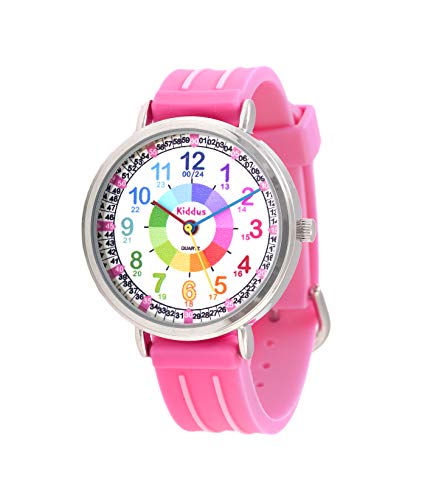 KIDDUS Reloj Educativo para niña, Chica, Chico. De Pulsera, analógico. Time Teacher fácil de Leer para Aprender la Hora. Ejercicios incluídos. Mecanismo de Cuarzo japonés. KI10302 Rosa